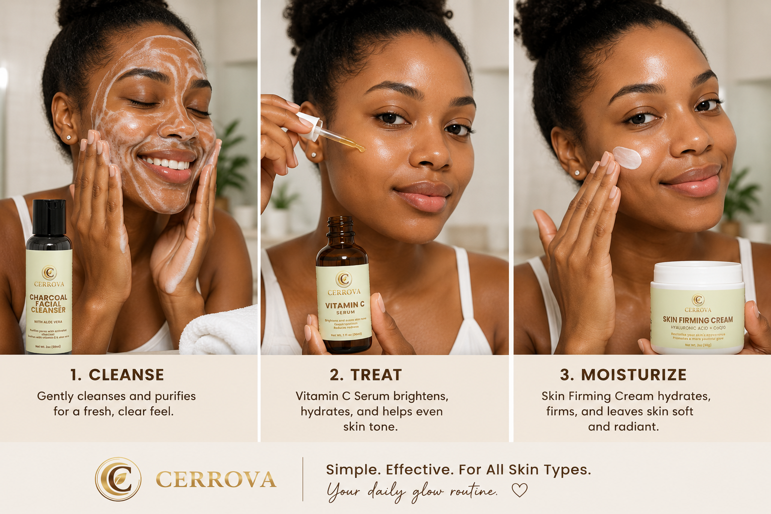 Woman using the Cerrova Charcoal Facial Cleanser, Vitamin C Serum, and Skin Firming Cream in a simple three-step skincare routine.