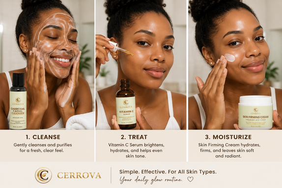 Woman using the Cerrova Charcoal Facial Cleanser, Vitamin C Serum, and Skin Firming Cream in a simple three-step skincare routine.