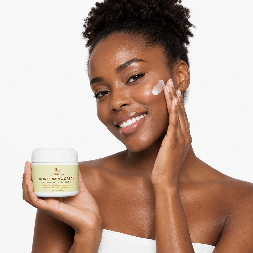 Black woman applying Cerrova Skin Firming Cream to her face against a clean white background.
