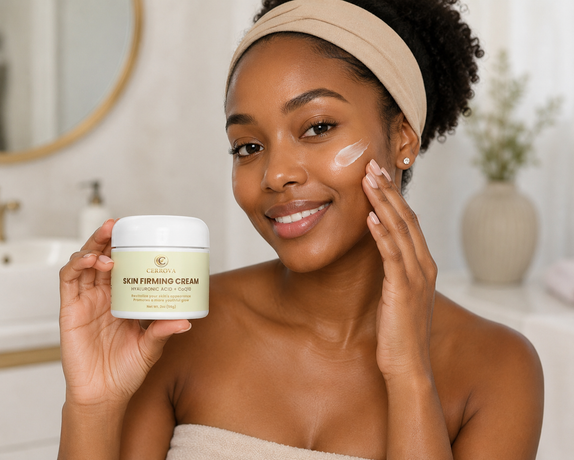 Woman applying Cerrova Skin Firming Cream for hydrated, smooth, and healthy-looking skin.