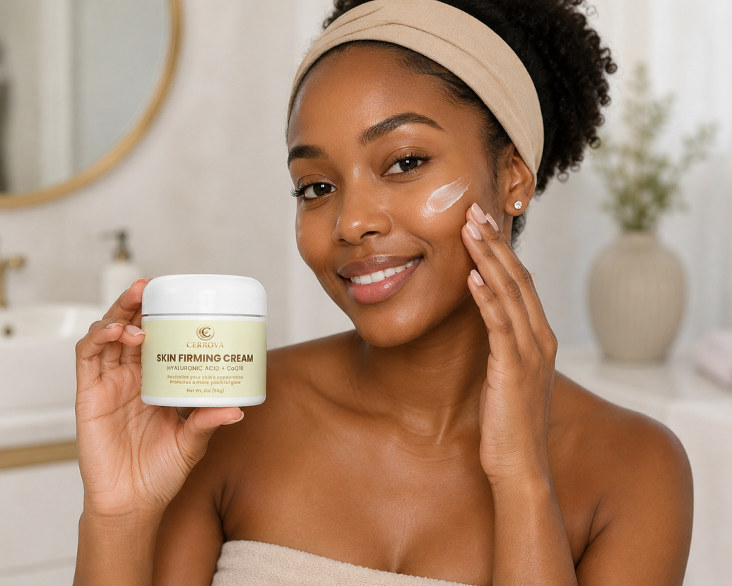 Woman applying Cerrova Skin Firming Cream for hydrated, smooth, and healthy-looking skin.