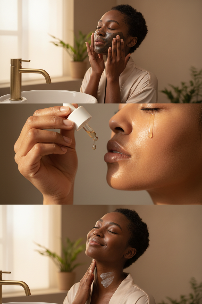 Black woman following a simple three-step skincare routine by cleansing, applying serum, and moisturizing her skin.