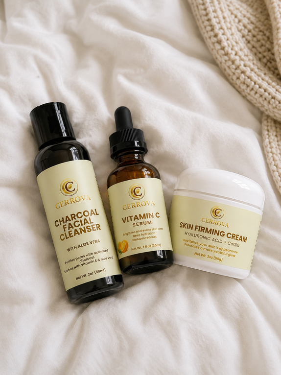 Cerrova Charcoal Facial Cleanser, Vitamin C Serum, and Skin Firming Cream displayed together on a soft white background
