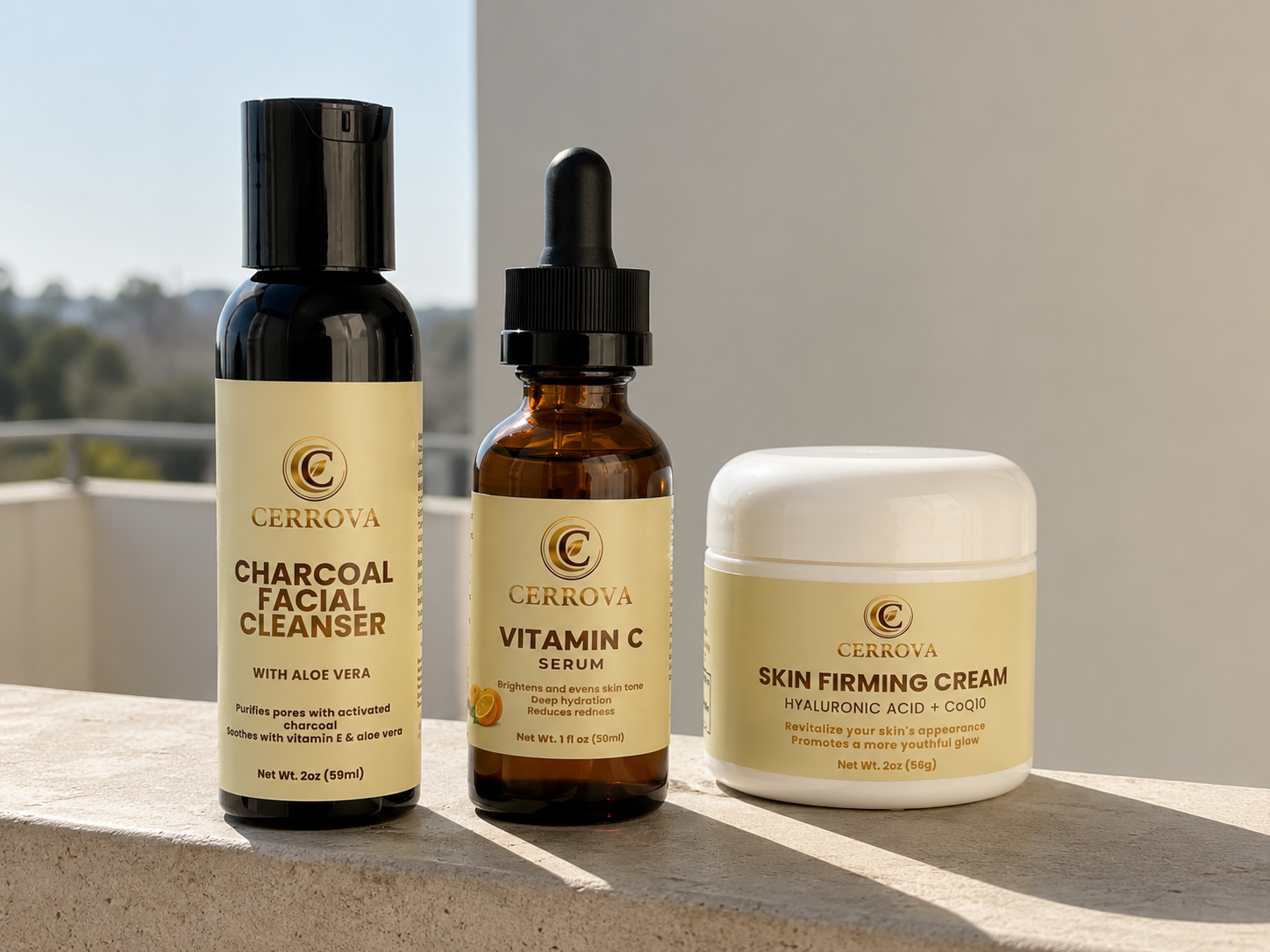 Cerrova skincare products displayed on a balcony, featuring Charcoal Facial Cleanser, Vitamin C Serum, and Skin Firming Cream.