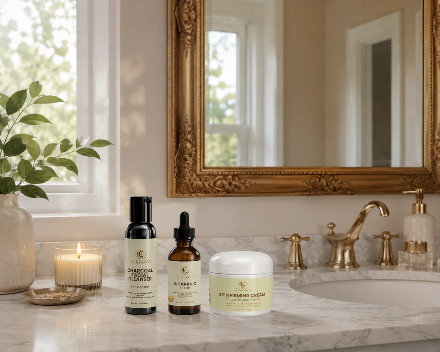 Cerrova Charcoal Facial Cleanser, Vitamin C Serum, and Skin Firming Cream displayed in a luxurious bathroom setting.