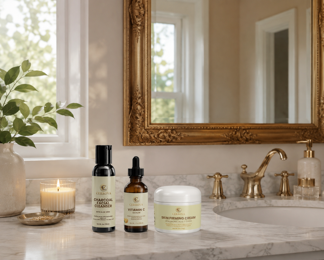 Cerrova Charcoal Facial Cleanser, Vitamin C Serum, and Skin Firming Cream displayed in a luxurious bathroom setting.