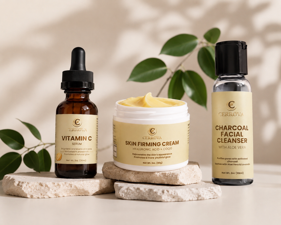 Cerrova skincare routine featuring Vitamin C Serum, Skin Firming Cream, and Charcoal Facial Cleanser in a professional beauty display.