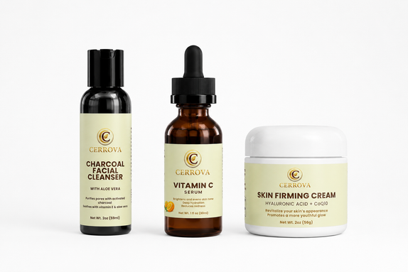 Cerrova Charcoal Facial Cleanser, Vitamin C Serum, Skin Firming Cream, and Daily Glow Skincare Set displayed together for a complete daily skincare routine.