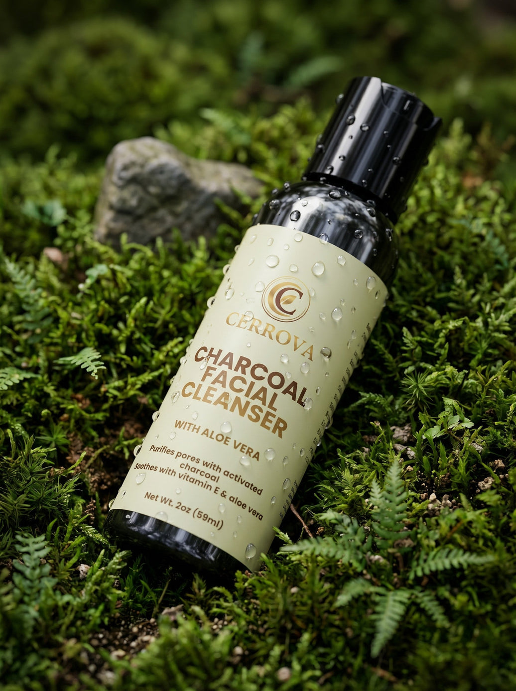 Cerrova Charcoal Facial Cleanser with aloe vera and vitamin E displayed with activated charcoal and fresh aloe leaves, highlighting a deep-cleansing skincare routine for healthy-looking skin.