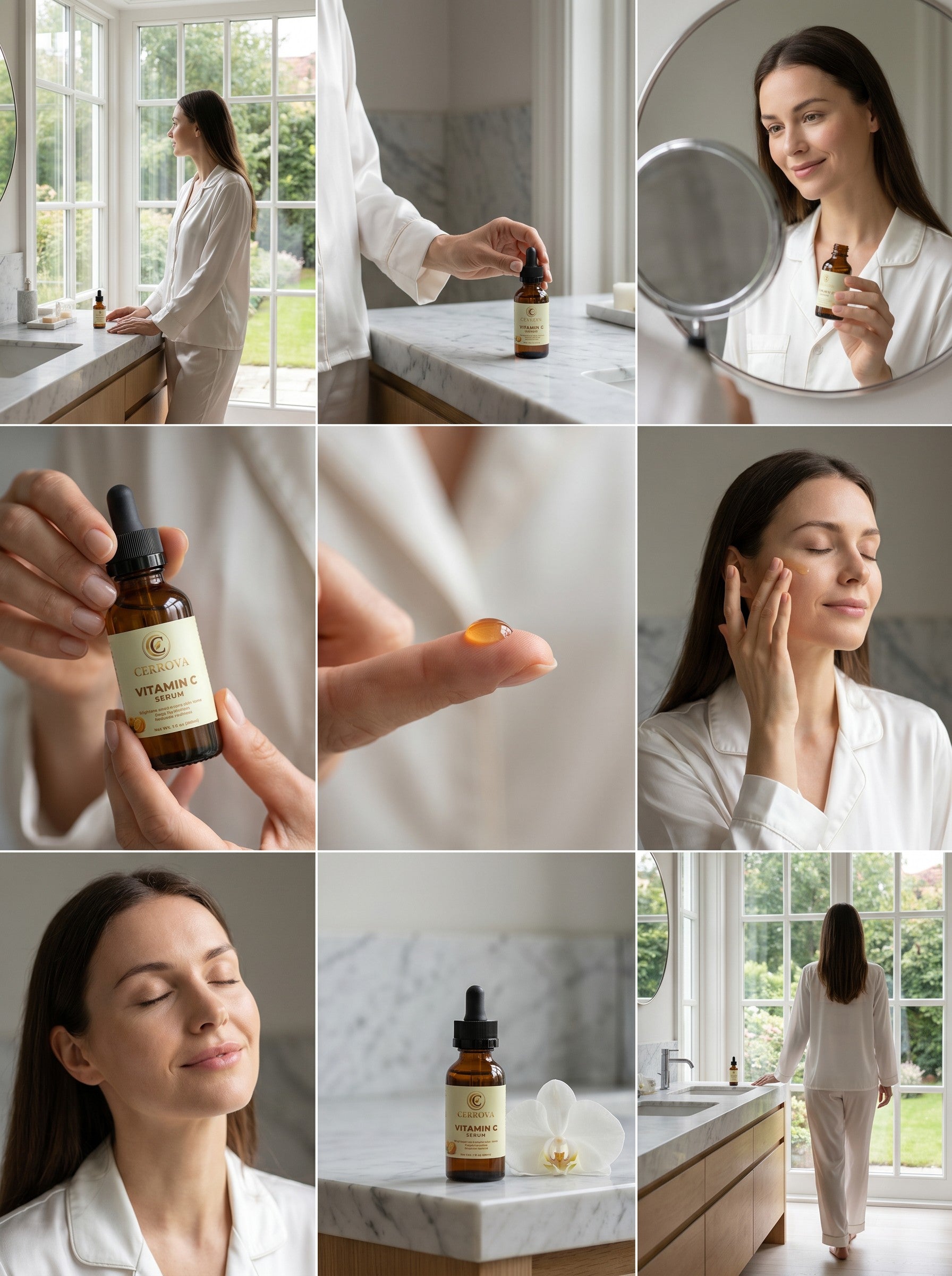 Woman applying Cerrova Vitamin C Serum during her daily skincare routine for brighter, smoother, radiant-looking skin.
