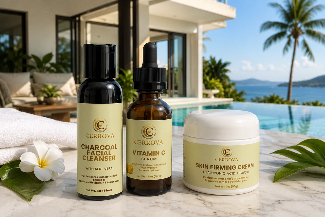 Cerrova skincare collection featuring Charcoal Facial Cleanser, Vitamin C Serum, and Skin Firming Cream displayed at a luxury villa with a pool, promoting a healthy-looking, radiant skincare routine.