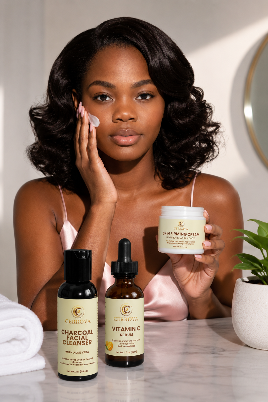 Cerrova skincare routine featuring Charcoal Facial Cleanser, Vitamin C Serum, and Skin Firming Cream for healthy-looking radiant skin.
