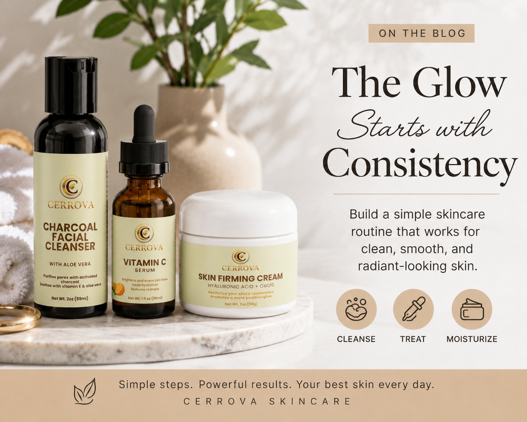 Cerrova Charcoal Facial Cleanser, Vitamin C Serum, and Skin Firming Cream displayed in an elegant daily skincare routine setting.
