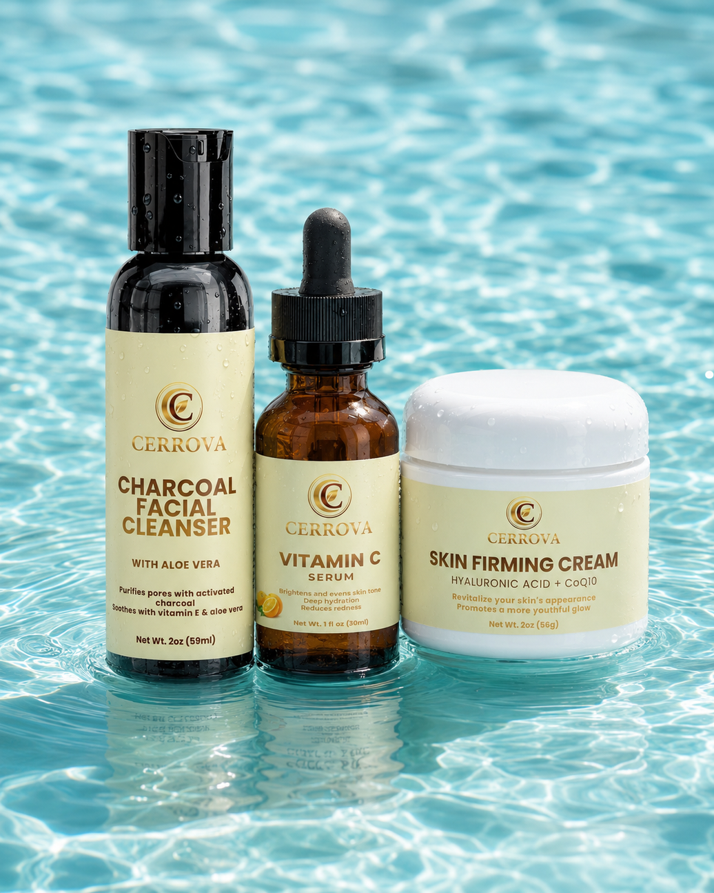 Cerrova Charcoal Facial Cleanser, Vitamin C Serum, and Skin Firming Cream displayed together in clear pool water.