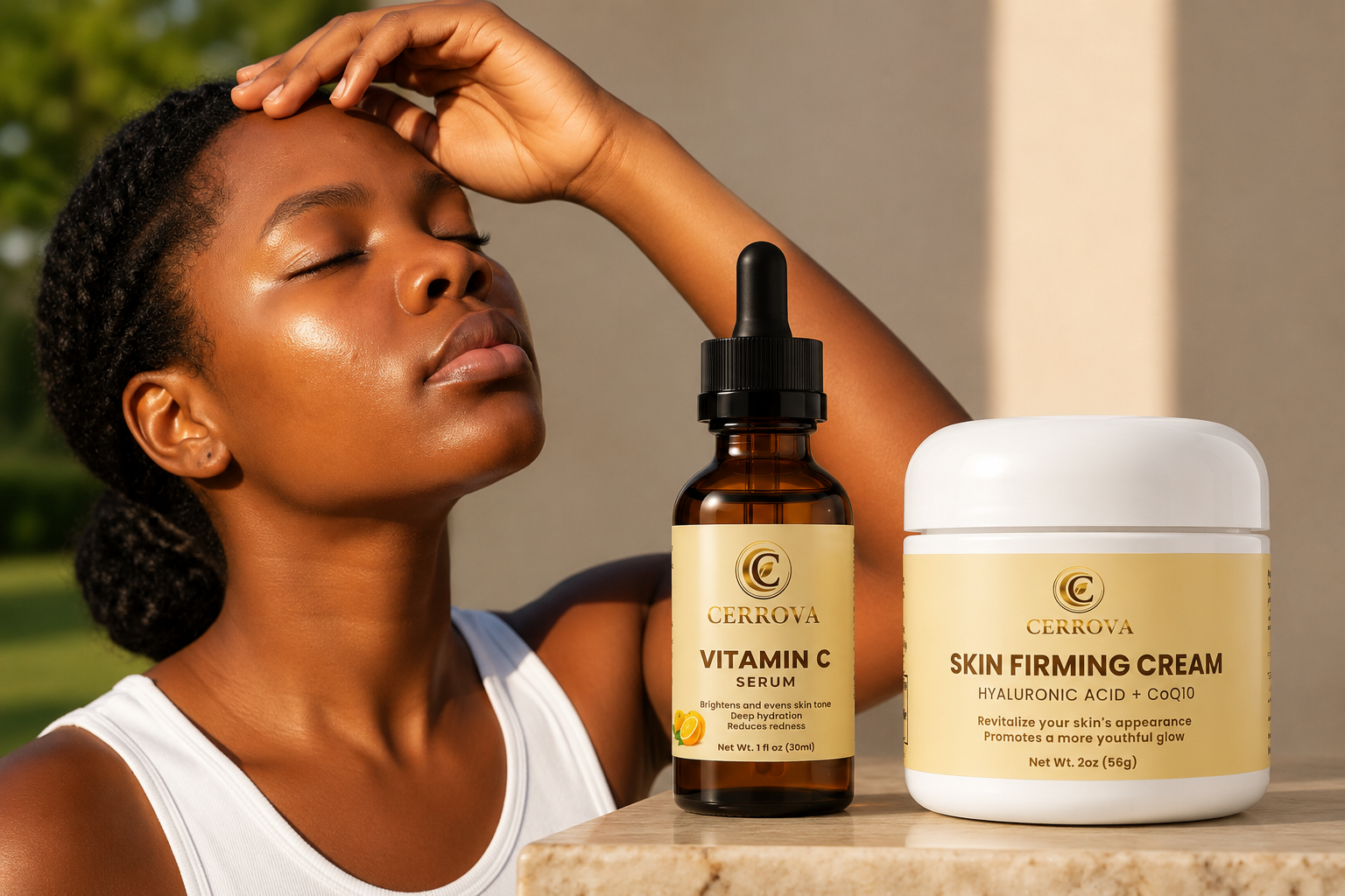 Glowing woman with Cerrova Vitamin C Serum and Skin Firming Cream.