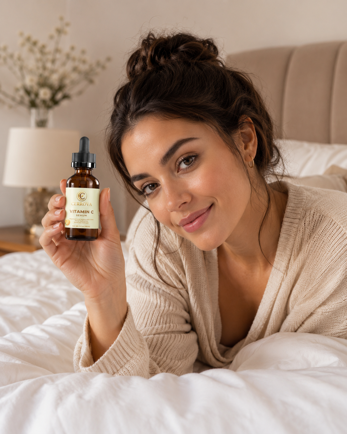 Image ALT Text  Woman relaxing on a bed while holding Cerrova Vitamin C Serum as part of her daily skincare and self-care routine.