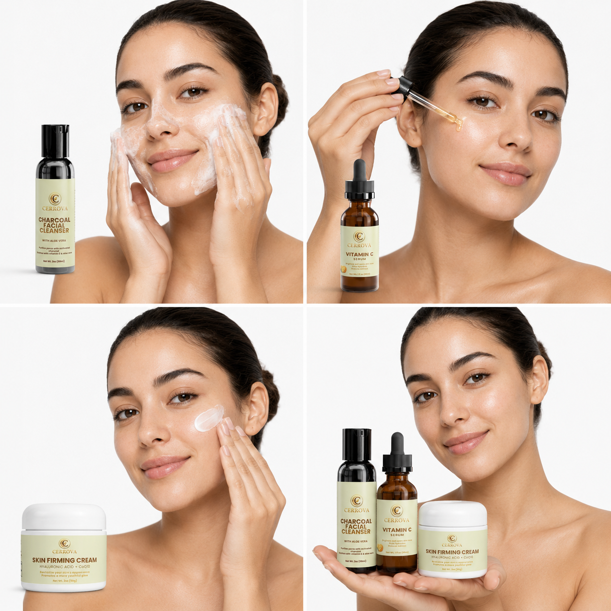 Woman using the Cerrova Charcoal Facial Cleanser, Vitamin C Serum, and Skin Firming Cream in a complete daily skincare routine