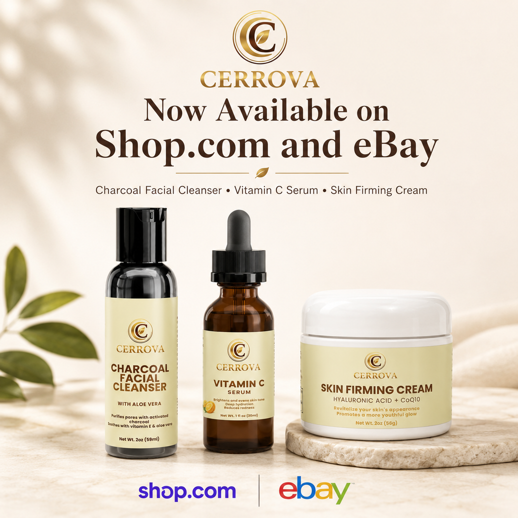Cerrova Charcoal Facial Cleanser, Vitamin C Serum, and Skin Firming Cream now available through Shop.com and eBay