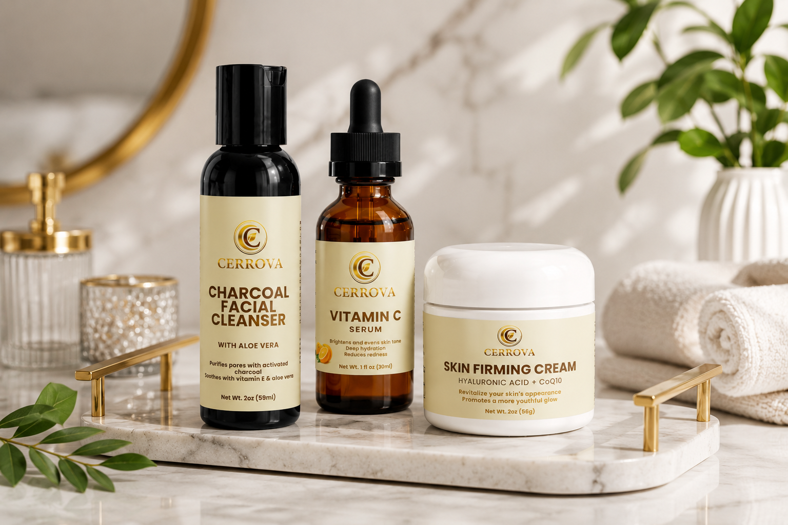 Cerrova Charcoal Facial Cleanser, Vitamin C Serum, and Skin Firming Cream displayed together as a complete skincare routine for cleansing, hydration, and radiant-looking skin.
