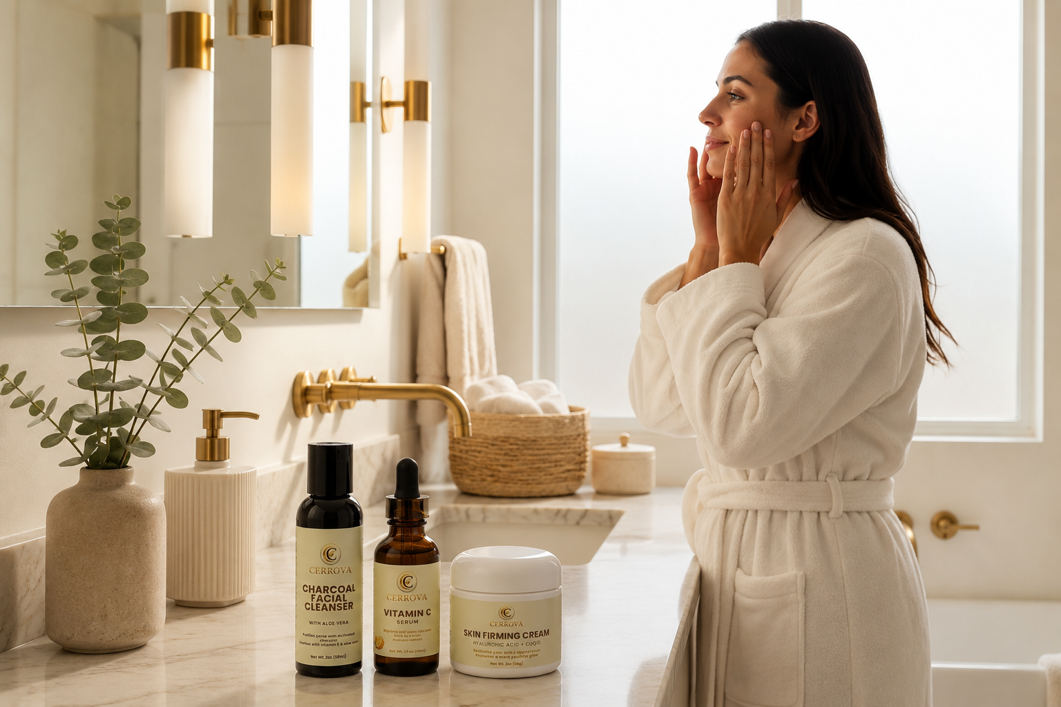 Woman following a daily skincare routine with Cerrova Charcoal Facial Cleanser, Vitamin C Serum, and Skin Firming Cream in a modern bathroom.