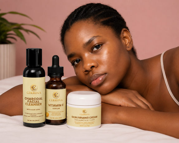 Woman with radiant skin lying beside Cerrova Charcoal Facial Cleanser, Vitamin C Serum, and Skin Firming Cream.