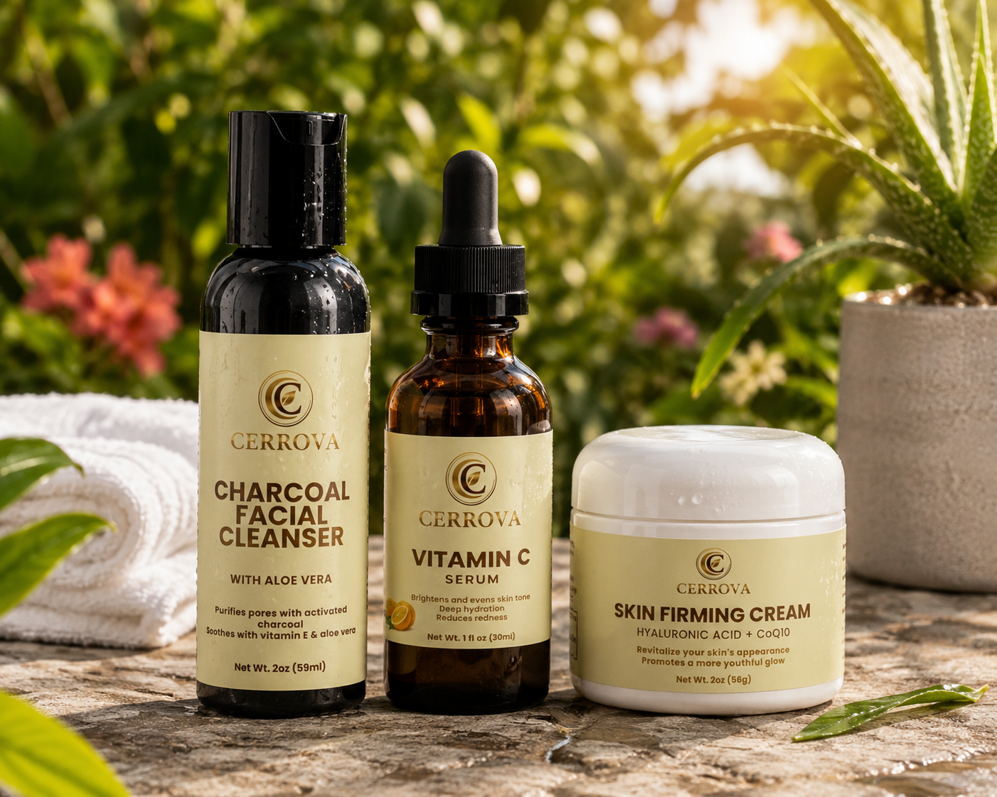 Cerrova Charcoal Facial Cleanser, Vitamin C Serum, and Skin Firming Cream displayed outdoors on a natural stone surface with greenery and sunlight.