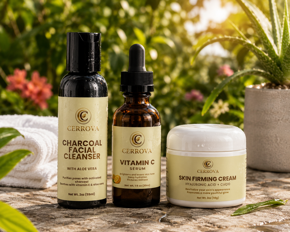 Cerrova Charcoal Facial Cleanser, Vitamin C Serum, and Skin Firming Cream displayed outdoors on a natural stone surface with greenery and sunlight.