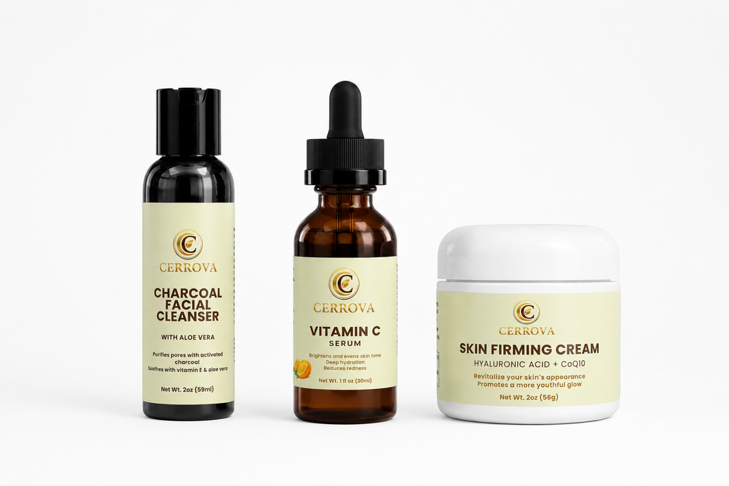 Cerrova Charcoal Facial Cleanser, Vitamin C Serum, Skin Firming Cream, and Daily Glow Skincare Set displayed together for a complete daily skincare routine.