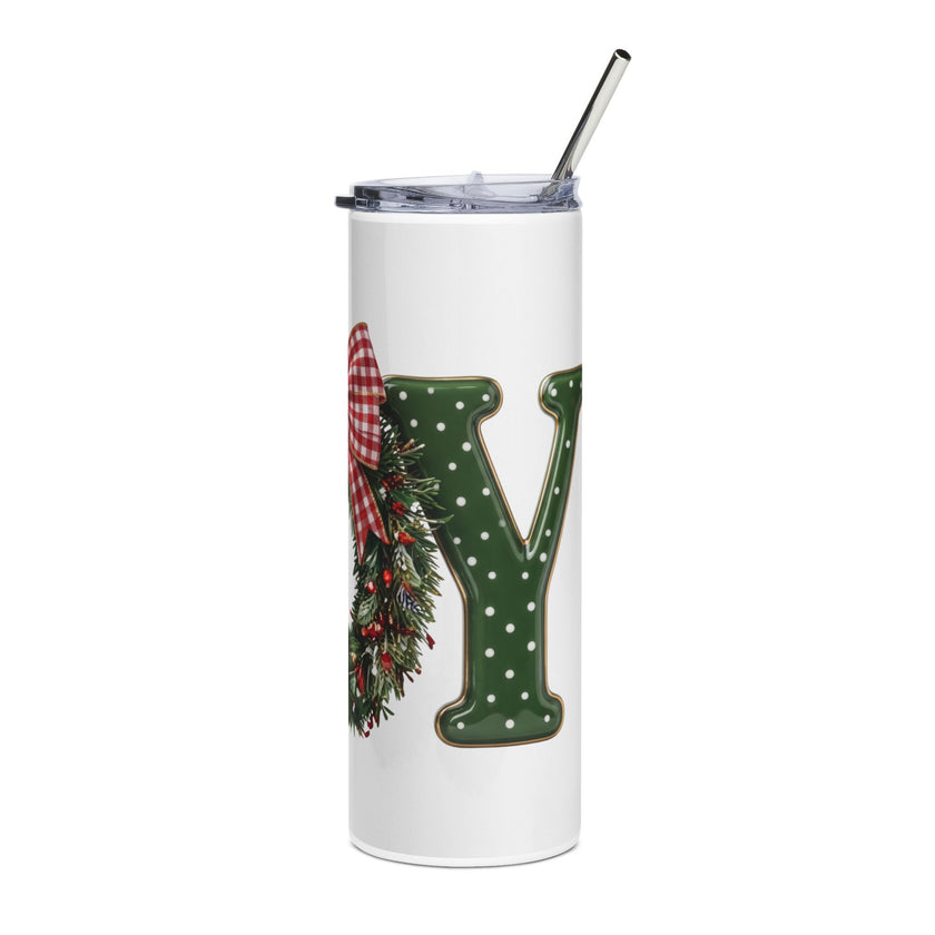 Christmas Wreath Monogram Tumbler with Plaid Bow, 20oz