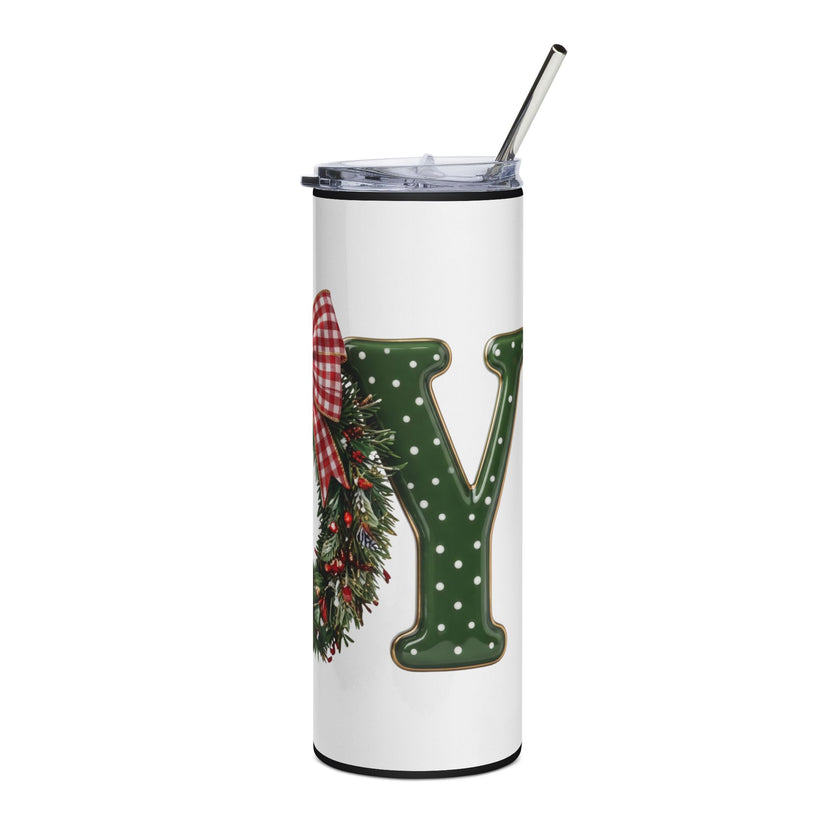 Christmas Wreath Monogram Tumbler with Plaid Bow, 20oz