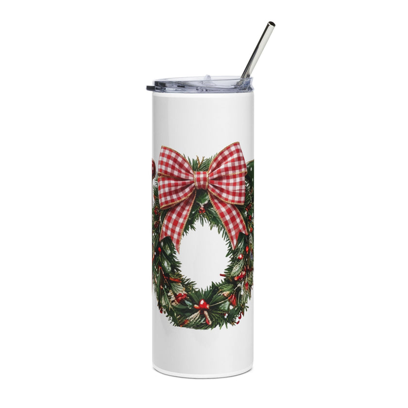 Christmas Wreath Monogram Tumbler with Plaid Bow, 20oz