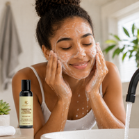 Woman using Cerrova Charcoal Facial Cleanser as part of her daily skin care routine