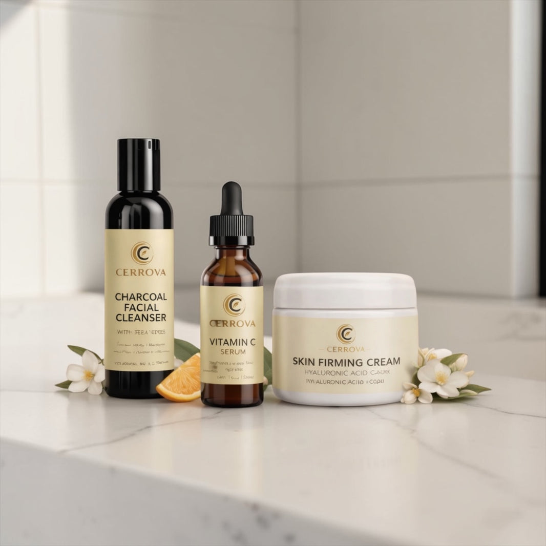 Cerrova Daily Glow Skincare Set with Charcoal Facial Cleanser, Vitamin C Serum and Ski Firming Cream