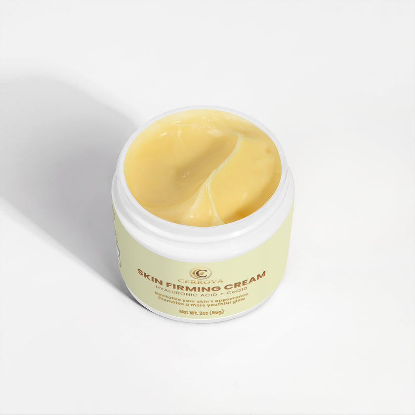 Open jar of Cerrova Skin Firming Cream on a white background