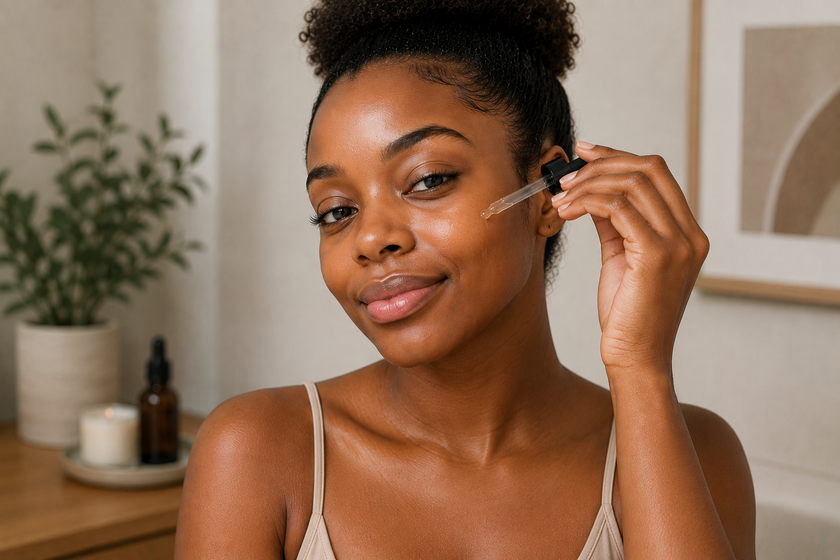Woman applying Cerrova Vitamin C Serum to her face.